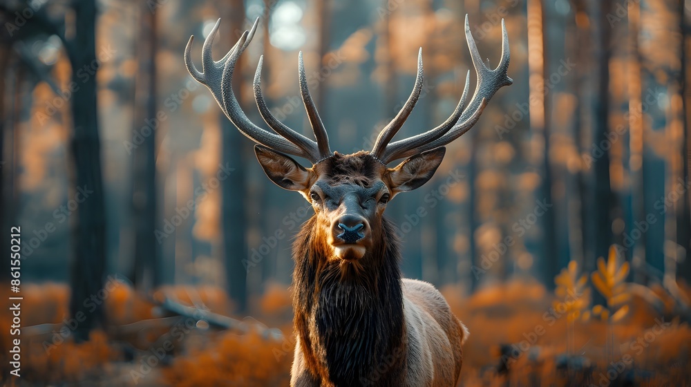 Canvas Prints Majestic Elk with Impressive Antlers Stands Proudly in Autumnal Forest Clearing Wildlife Portrait Concept