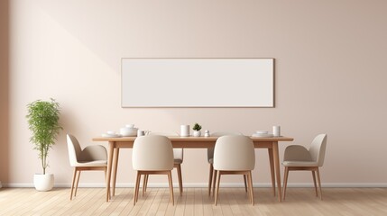 A Modern Minimalist Dining Table And Chairs With A Blank Banner On The Wall.
