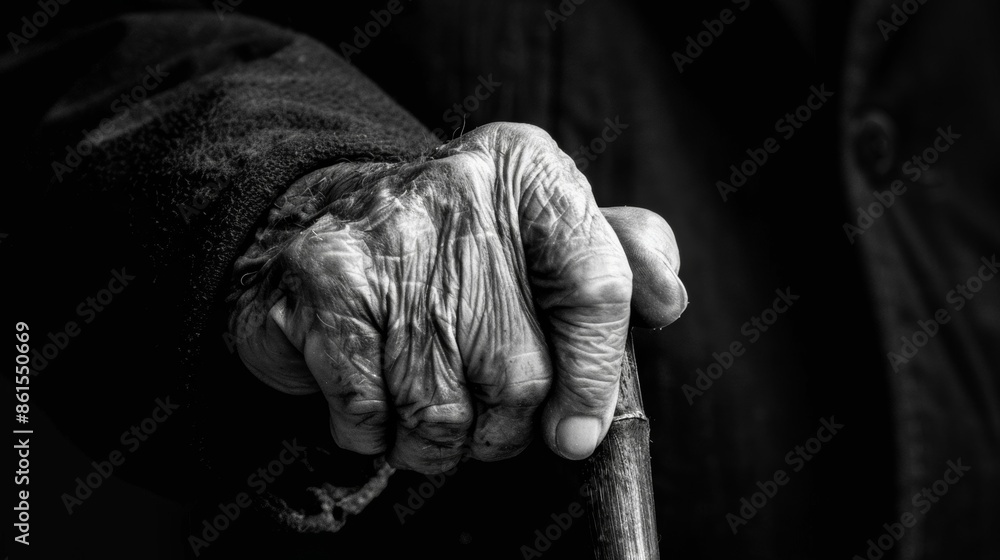 Poster a gentle hand rests on a cane guiding its owner through a lifetime of wisdom and lessons learned. bl