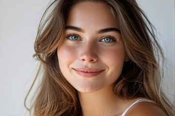 Naklejka premium Portrait of young beautiful cute cheerful girl smiling looking at camera over white background.