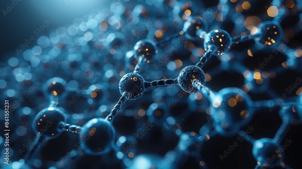 Poster a close-up visualization of a molecular network with connected nodes, represented through a detailed
