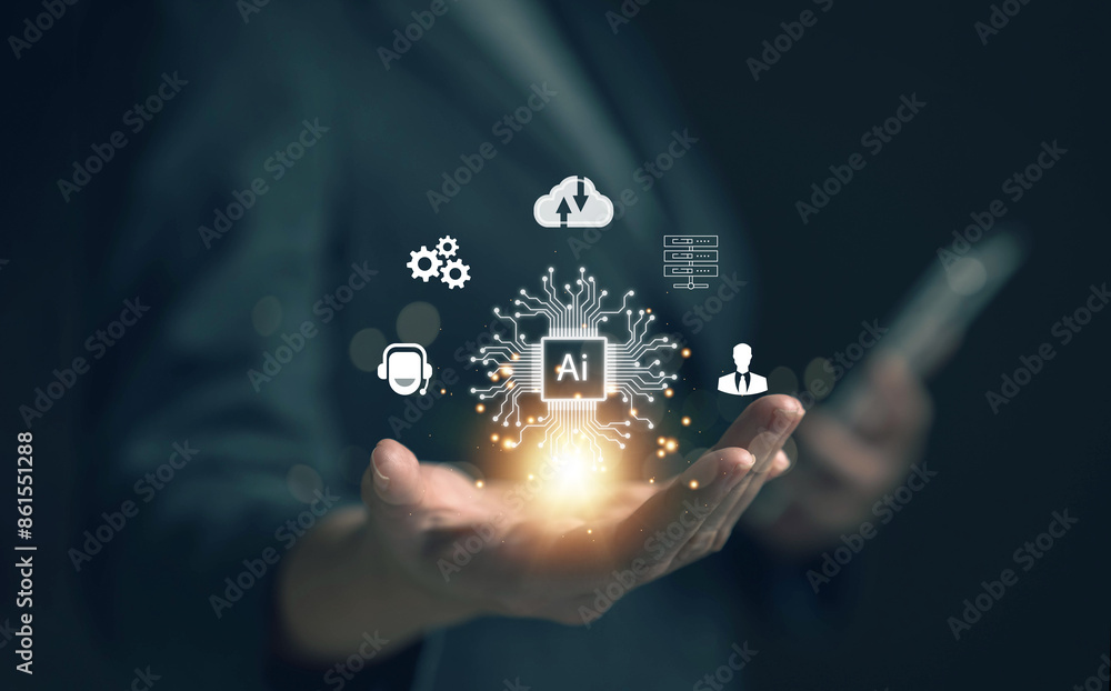 Poster chat with AI. Artificial intelligence. The concept of accessing imagination by feeding commands to Ai to create what is in our mind with futuristic technology through the Internet.