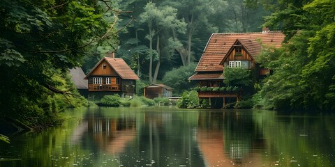Fototapeta premium Rustic nature scene with trees shrubs rivers lakes and old houses. Concept Nature Photography, Rustic Settings, Landscape Shots, Old Buildings, Scenic Views