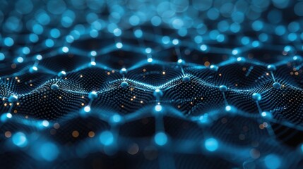 A close-up image of a graphene-like structure interconnected through nano-scale nodes, rendered with intricate detailing and bathed in blue and white hues.
