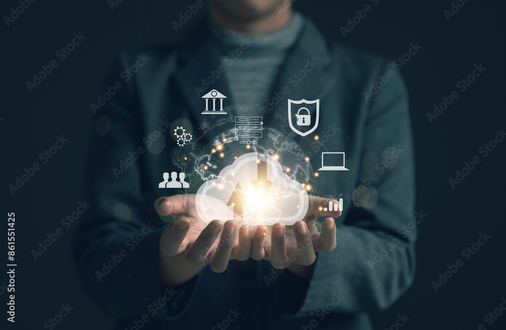 Poster businessman uses a tablet. cloud computing disk is displayed on his hand. cloud technology data stor