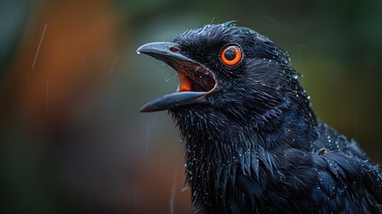 Fototapeta premium A black bird is captured mid-song amidst the rain, its vibrant orange eyes contrasting its wet feathers, portraying a poignant scene of nature and perseverance.