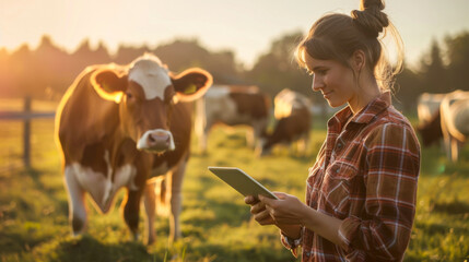 A young woman farmer works with a digital tablet while standing in a field next to a cow. A beautiful woman works on a livestock farm. Concept of agriculture, technology.