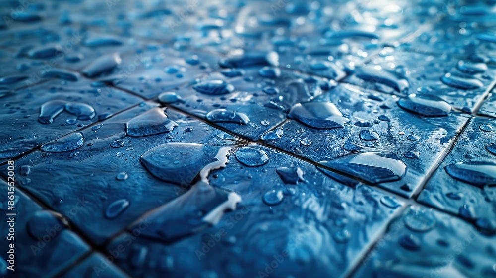 Poster this image captures a close-up view of blue tile surfaces dotted with water droplets, creating a str