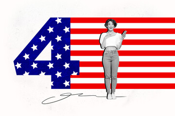 Creative artwork collage poster of girl hold smartphone feel surprise on american flag background
