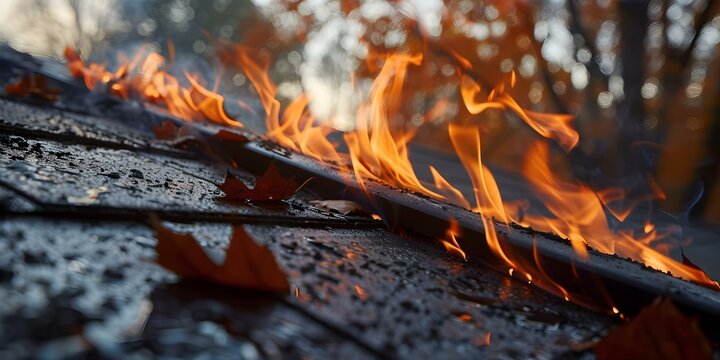Burning Leaves in Roof Gutters Urgent Awareness Campaigns. Concept Fire Safety, Home Maintenance, Emergency Prevention, Autumn Hazards