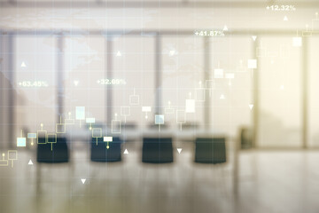 Multi exposure of virtual abstract financial graph hologram and world map on a modern furnished classroom background, financial and trading concept
