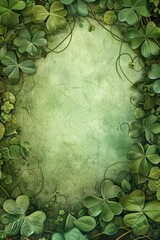 Whimsical Four-Leaf Clover Frame Illustration, Charming arrangement of detailed clovers creating a border around central composition.