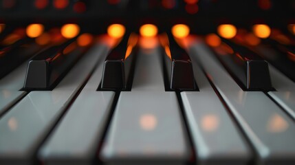 An artistic close-up photograph showcasing modern piano keys partially illuminated by warm, glowing lights, creating an evocative and harmonious scene.