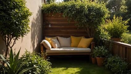 Fototapeta premium A cozy reading nook nestled in a sunlit corner of a garden ai-generated