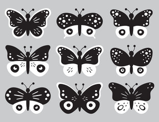 Set of black and white butterflies isolated on white background, collection of silhouettes. Butterfly black color, flying shape, vector design. Modern monarch butterfly contours for decoration design