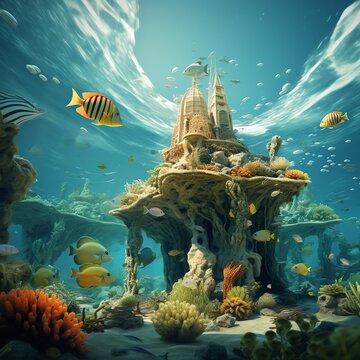 Underwater castle surrounded by colorful fish and vibrant coral, creating a mesmerizing underwater fantasy scene.
