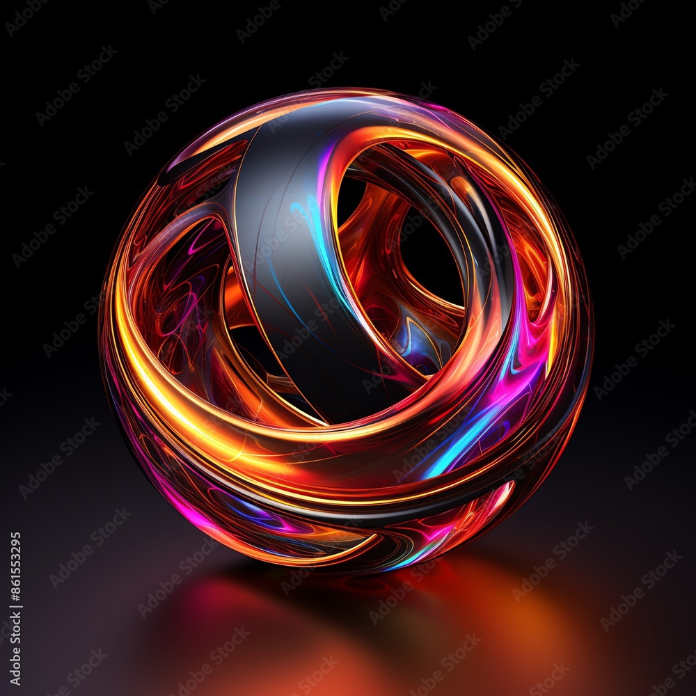 Poster vibrant 3d abstract sphere with colorful swirling patterns, glowing with dynamic light against a dar
