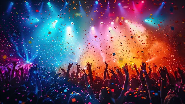 Concert crowd with colorful stage lights and confetti - Powered by Adobe