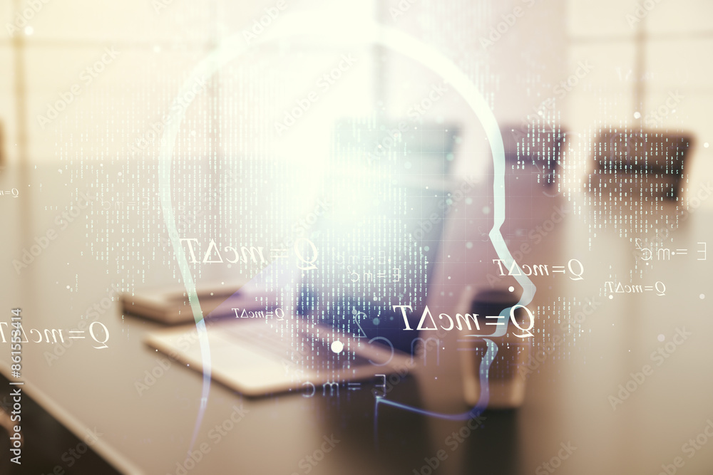 Poster creative artificial intelligence concept with human head sketch on modern computer background. doubl