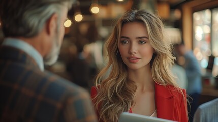 Young Woman in Red Blazer Speaks to Older Man in Cafe