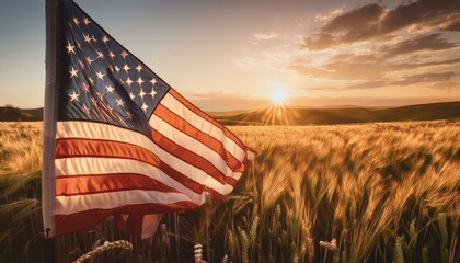 sunset over agriculture wheat field, with proud USA flag