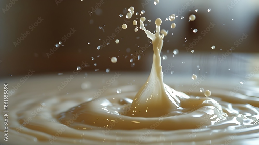 Poster mesmerizing splash and ripple effect from falling water drop in milk pool