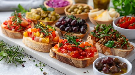 Colorful Italian Bruschetta Assortment with Fresh Ingredients