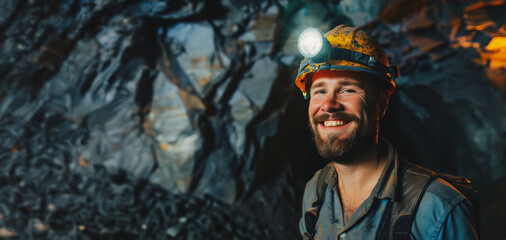 Obraz premium Happy miner with headlamp entering underground mine