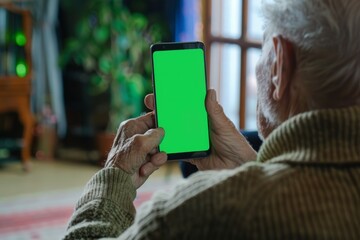 Showcase screen next to the shoulder of a senior man holding an smartphone with an entirely green screen