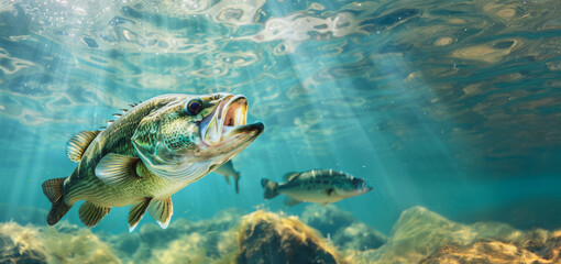 Largemouth bass swimming in a sunlit lake