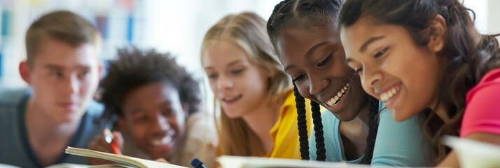 A diverse group of students engaged in collaborative studying, sharing ideas and working together on an educational project in a bright classroom setting.