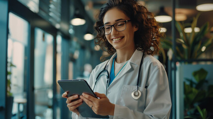 A medical worker holds a digital tablet while standing in a hospital corridor. Close-up of the hands of a young female doctor in a coat with a modern tablet.