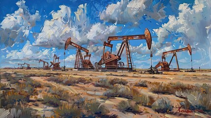 Painting Of Oil Pumpjacks in Desert Landscape. Oil Pump Illustration
