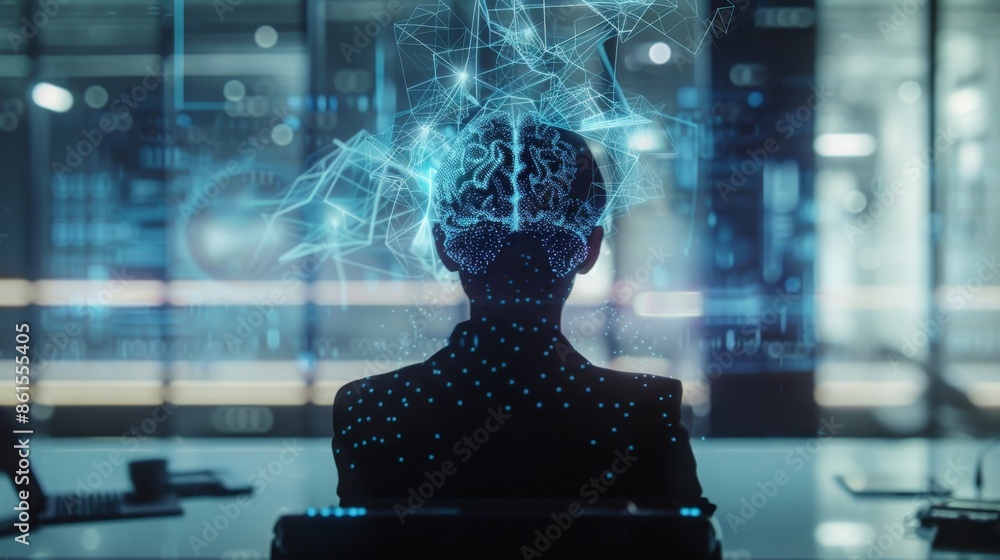 Poster a person in a business meeting accessing important information and making decisions in realtime than