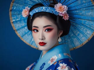portrait of a geisha with an umbrella in blue colors on a blue background