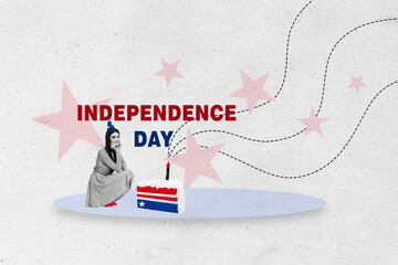 Creative banner poster collage of attractive girl celebrate 4th july with festive cake on white background