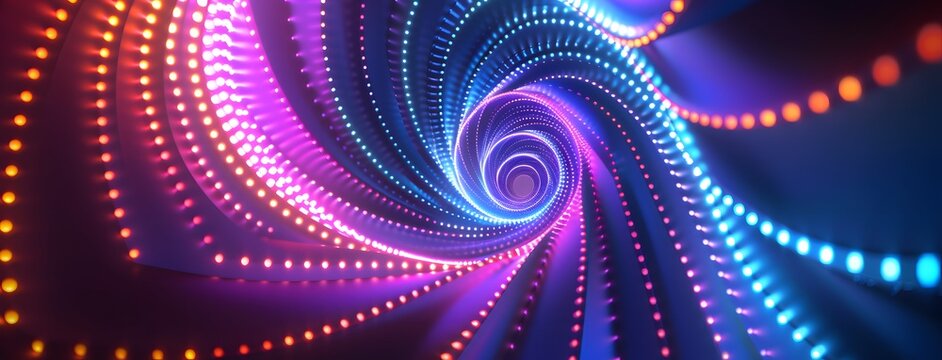 
Abstract spiral background with colorful neon lights on a dark blue, purple and orange colored background
