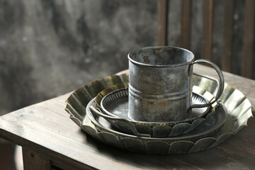 Empty rustic and vintage plates and mug on the table with dark background. Piring dan cangkir © Rezmita