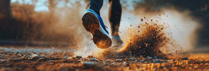 Closeup of a runners shoe kicking up dust on a trail