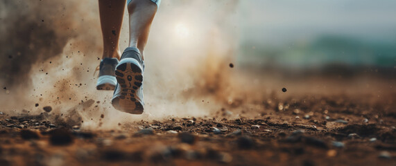Close up of runners foot during a dusty trail run