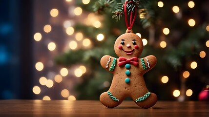 Gingerbread man cookie hanging in decorative Christmas tree bokeh lights with copy space