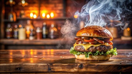 layered sliced tasty juicy double cheese burger with fresh lettuce, tomatoes, onions, pickles and melted cheese stacked high, gourmet fast food, restaurant menus, food