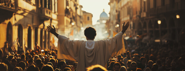 Rear view of jesus preaching in the streets of rome