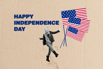 Creative artwork abstract collage template of dancing woman celebrate independence day on pastel...