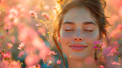 Fototapeta premium woman depicting inner garden with and thankfulness and happiness, generative ai
