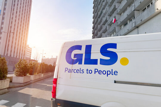GLS logo on the white van truck. British logistic company that delivers orders, parcels and packages all over Europe. Europe, Poland 15.04.2024