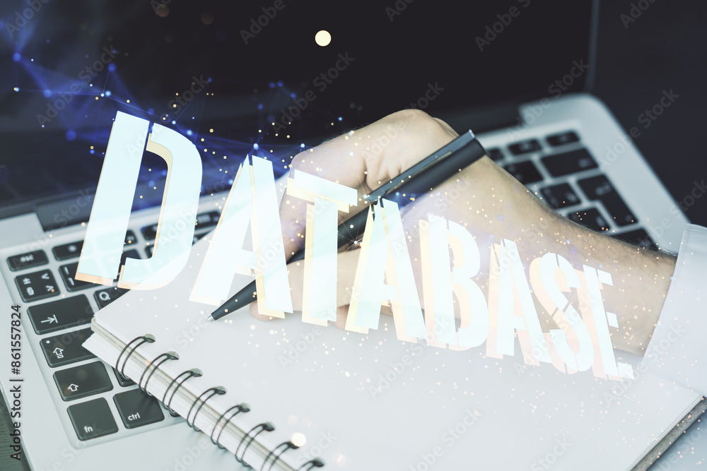 Poster Double exposure of creative Database word hologram and hand writing in diary on background with laptop, research and development concept