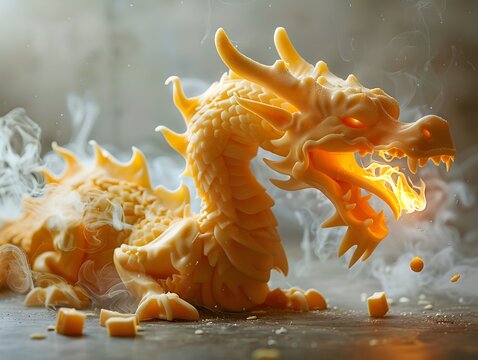 Fantastical Melted Cheese Dragon Breathing Fiery Flames in Epic Digital Rendering