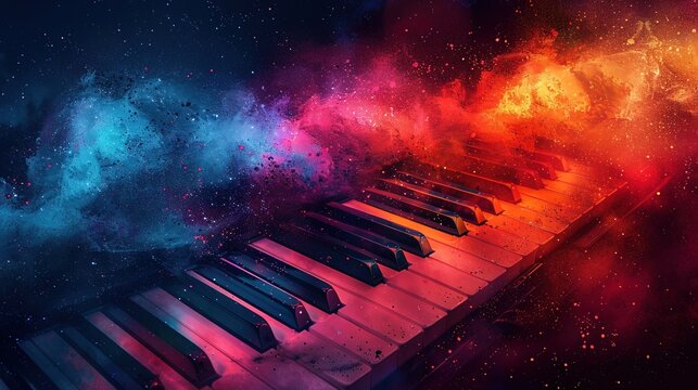 World music day banner with piano keyboard on abstract colorful dust background. Music day event and musical instruments colorful design