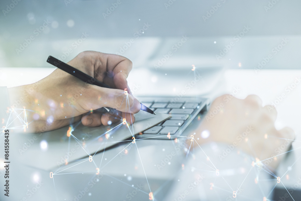 Poster creative abstract wireless technology hologram and hand writing in diary on background with laptop, 